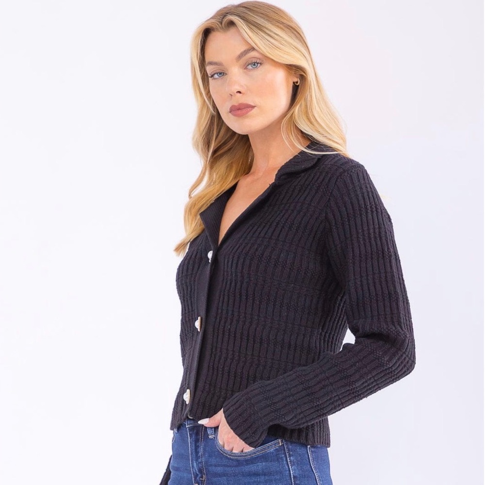 931. Black Ribbed Button-Up Sweater - Picture 3 of 3